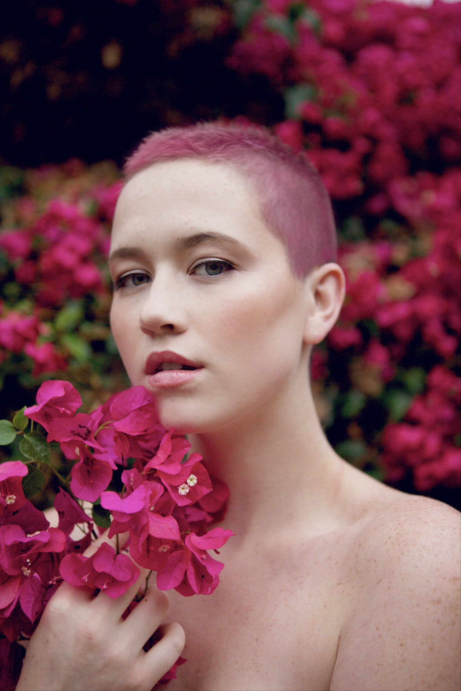 pink, flowers, heather van gaale, speaking bohemian, beauty, model, editorial